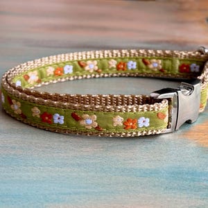 Op de afbeelding: Een bruin en groen hondenhalsband met een bloemenpatroon. De halsband heeft een geweven ontwerp met een groen lint versierd met geborduurde bloemen in oranje, wit en bruin. Een zilveren metalen sluiting zet de halsband vast.