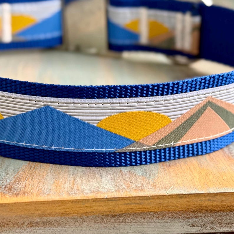 May include: A blue dog collar with a white and gray geometric pattern featuring a yellow sun and blue mountains.