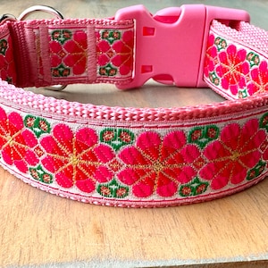 1.5" Pink Cosmos Dog Collar Jacquard Pink and White Dog Necklace Collar for Girl Dog Pink Floral Dog