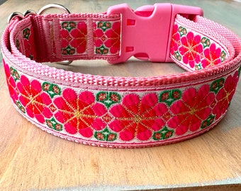 1.5" Pink Cosmos Dog Collar Jacquard Pink and White Dog Necklace Collar for Girl Dog Pink Floral Dog