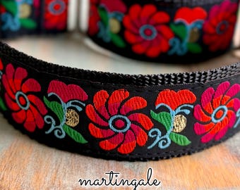 1.5" Neon Floral Martingale Dog Collar or Leash • Black Jacquard • Greyhound Style • M-XXL • Control Loop • Silver Metal • Buckle Option