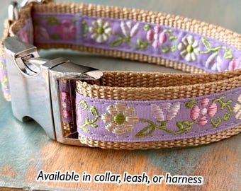 Lilac Garden Dog Collar Dog Leash or Dog Harness Lavender Floral Dog Collar Girl Dog Collar Female Dog Harness Purple Dog Gear