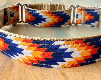 Autumn Aztec Martingale Dog Collars or Leash Sight Hound Humane Choke Collar for Boy Dog Orange Navy Chevron Jacquard