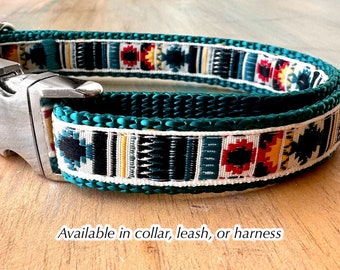 Southwest Teal Dog Collar Leash or Harness Aztec Green Black Design for Boy Dog Quick Release Buckle Step in Harness Extra Small to XL