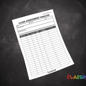 Puede incluir: Una hoja de análisis de evaluación de clase imprimible con secciones para el nombre del estudiante, la puntuación, el rendimiento y las notas. La hoja está diseñada para ayudar a los profesores a hacer un seguimiento del progreso de los estudiantes e identificar áreas de mejora.