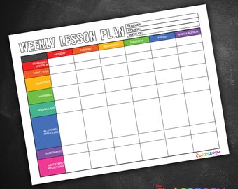 Weekly Lesson Plan Template Printable PDF Form Instant Download for Teachers Classroom