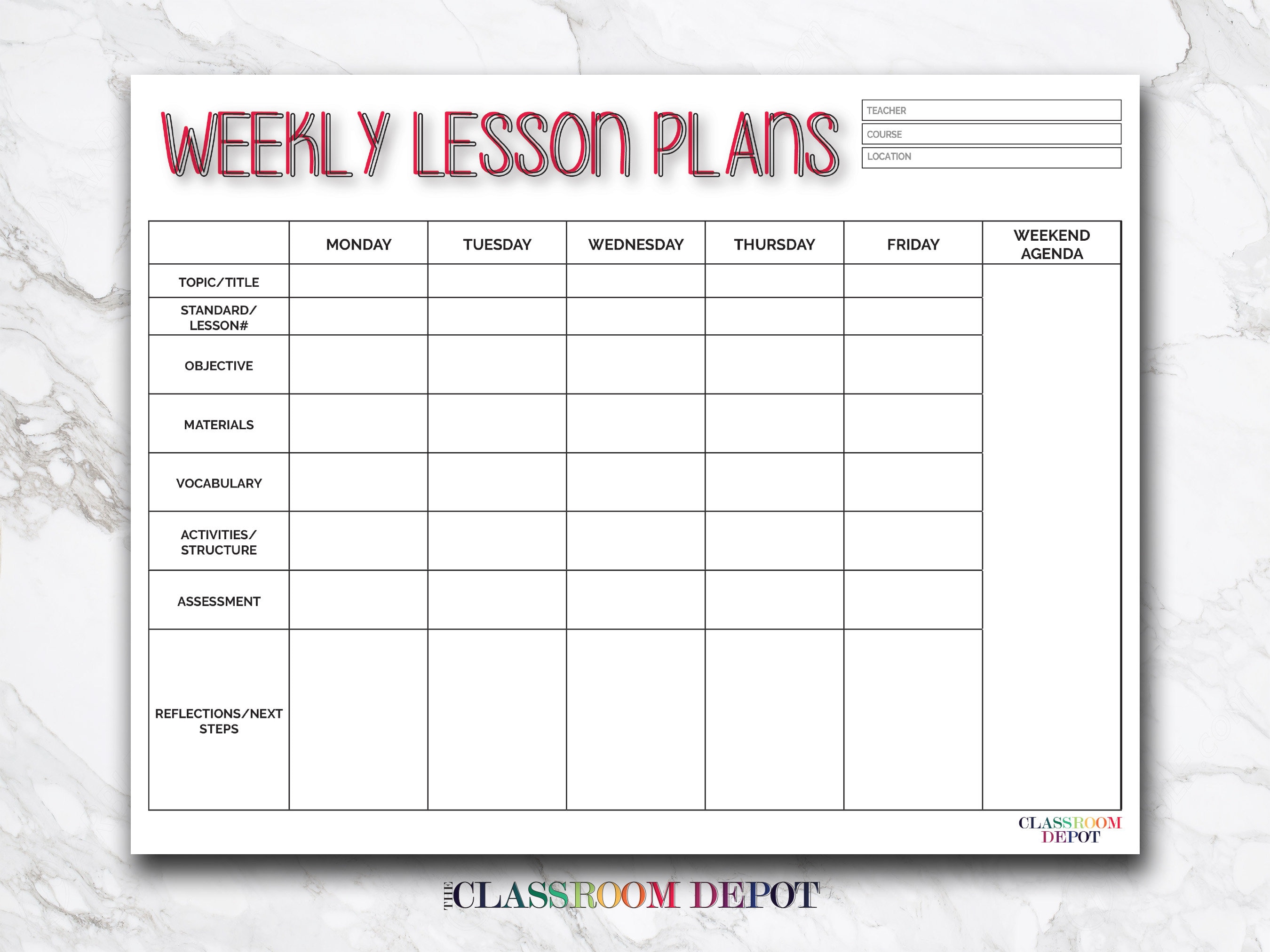Weekly Lesson Plan Template Printable PDF Form Instant Etsy