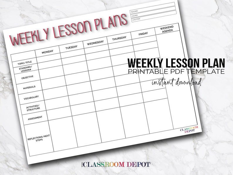 Weekly Lesson Plan Template Printable PDF Form Instant - Etsy