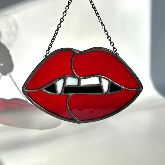 Red Vampire Lips - Stained Glass Suncatcher - Unique Gift Fall Halloween Decor Glass Art moody decor