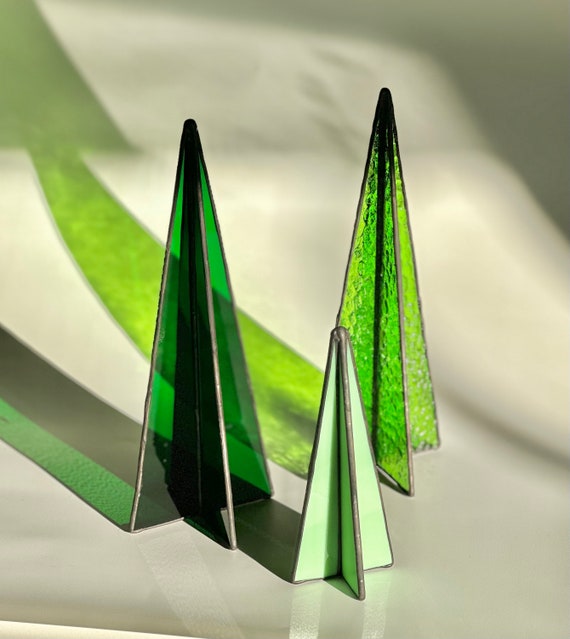 3D Stained Glass Trees Green - Modern Holiday / Christmas Decor Centerpiece - Set of 3 Ornament