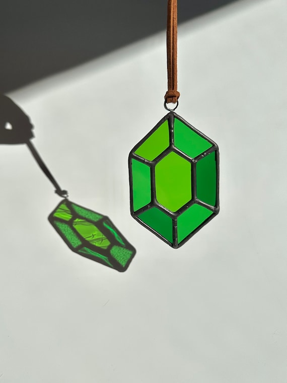 Emerald Rupee Suncatcher - Unique & Beautiful Zelda Inspired Stained Glass Ornament Gift Fan Art Gamer Gift