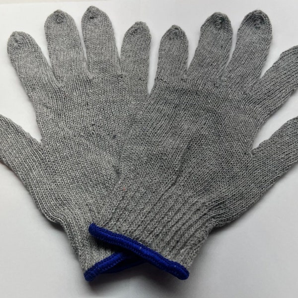 Gray String Knit Gloves (one pair), Reversible, Blue Elastic Wrist, Soft Cotton Poly Blend, Unisex, One Size Fits All