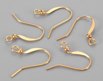 20 French earring hooks gold with pearl 15 mm hole 2mm pin 0.7mm brass lead free