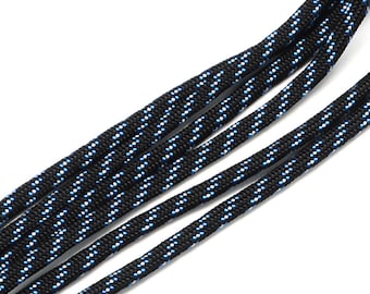 May include: Black shoelaces with a white and blue stripe pattern.