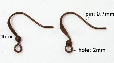 20 French red copper earring hooks with a 15 mm bead, 2 mm pin, 0.7 mm brass, nickel-free and lead-free