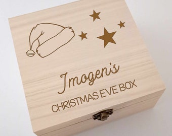 Christmas Eve 19cm Wood Box Personalised Engraved Square Box Wooden Santa Sleigh Reindeer Tree