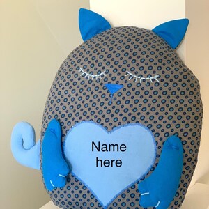 Stuffed Fabric Cat, Nursery decor, Pillow Sleeping Cat, Blue Cat, Fabric animal, Personalized Baby Boy Room Decor, Baby Boy Nursery Pillow