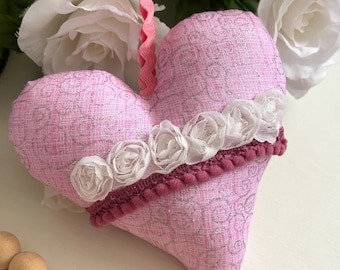 Hand-Sewn Pink Fabric Heart: Farmhouse Tiered Tray Decor