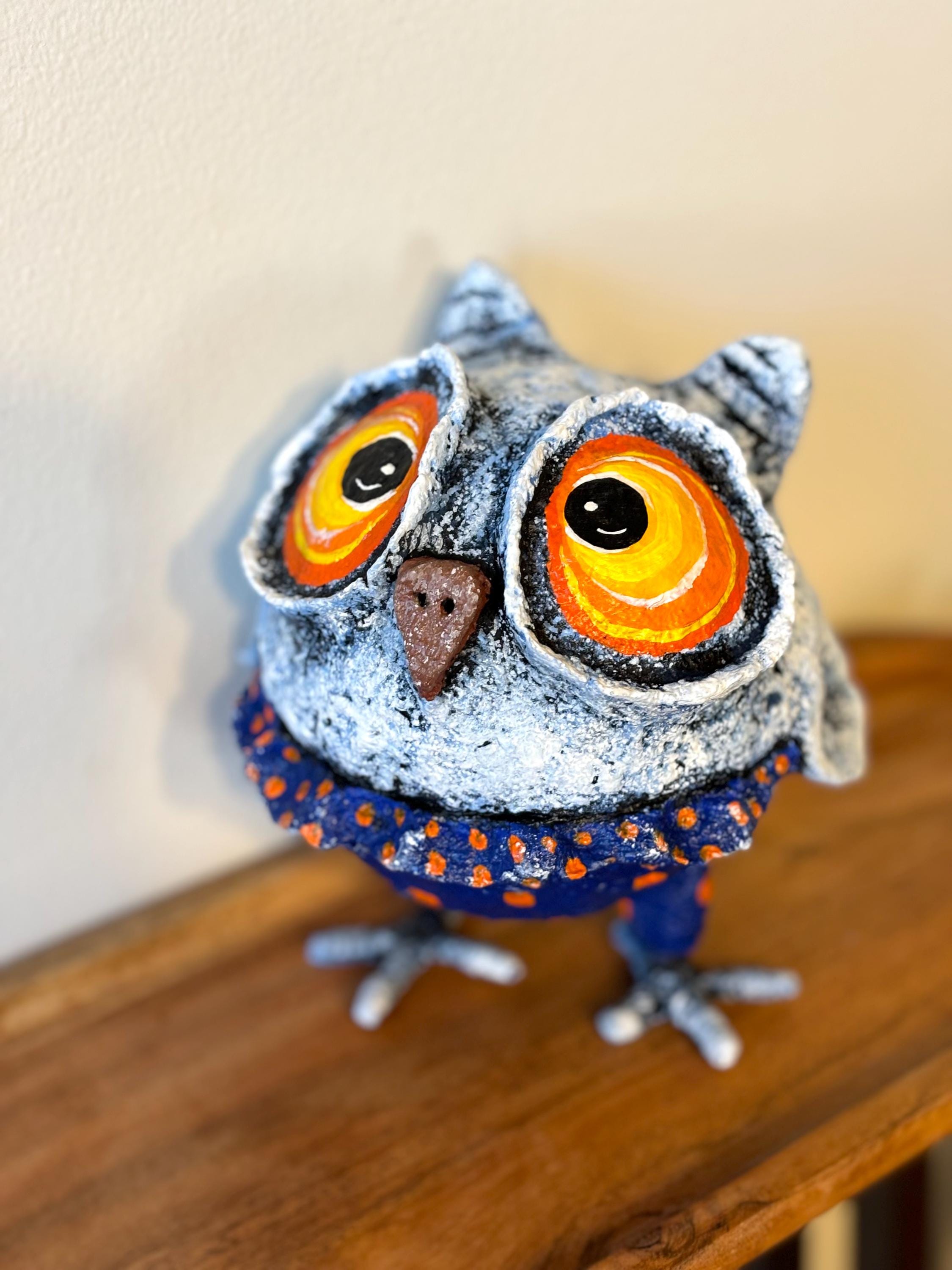 Paper-mache Owl, Funny owlet, Papier-mache owl, Blue owl silhouette, Owl sculpture, Owl lover gift, 