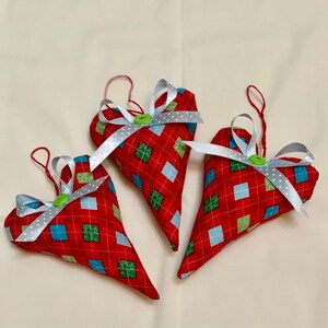 Three Fabric hearts ornaments, Christmas hearts, Handmade gift set-Christmas decor- Red hearts-Stuffed Hanging hearts
