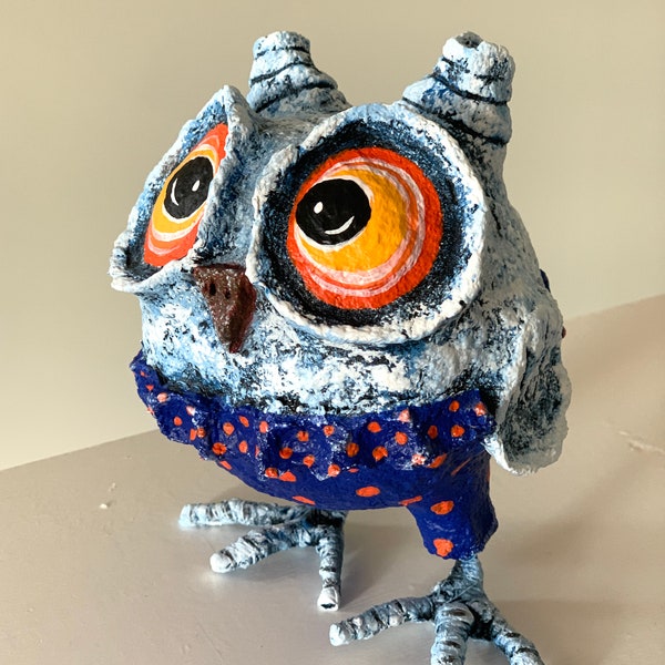 Made to order, Paper-mache Owl, Funny owlet, Papier-mache owl, Blue owl, Owl sculpture, Owl lover gift, OOAK, unique paper-mache gift