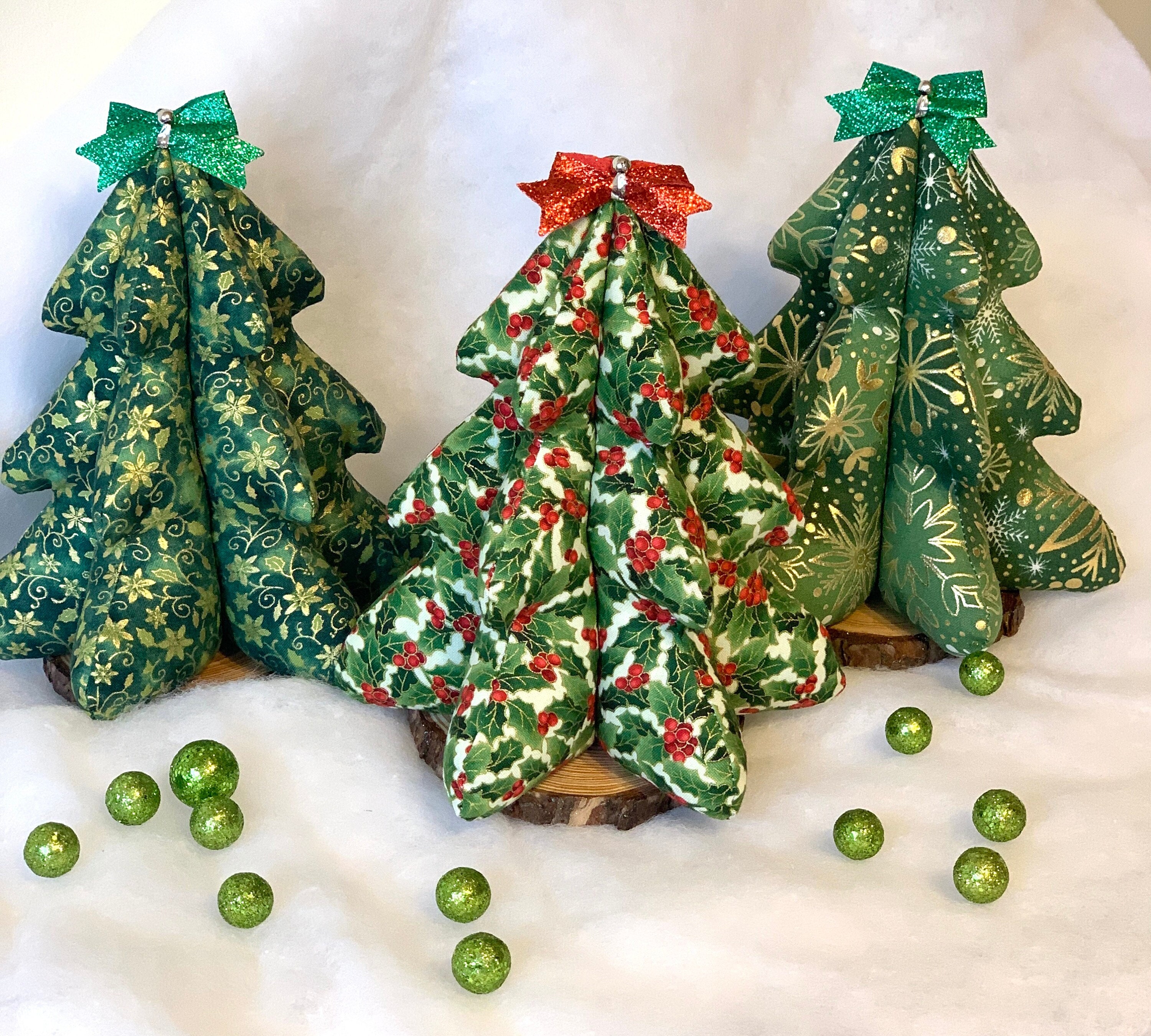 Vintage Handmade Folded Fabric Christmas Tree with bells 12 inches