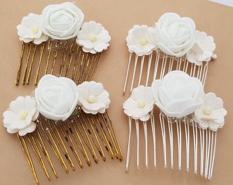 Silver/antique gold white foam flower cream paper flower wedding bridal prom pack of 2 combs
