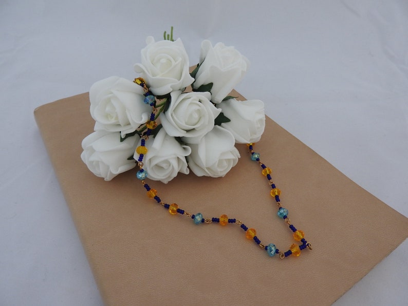 Handmade blue and yellow beaded necklace