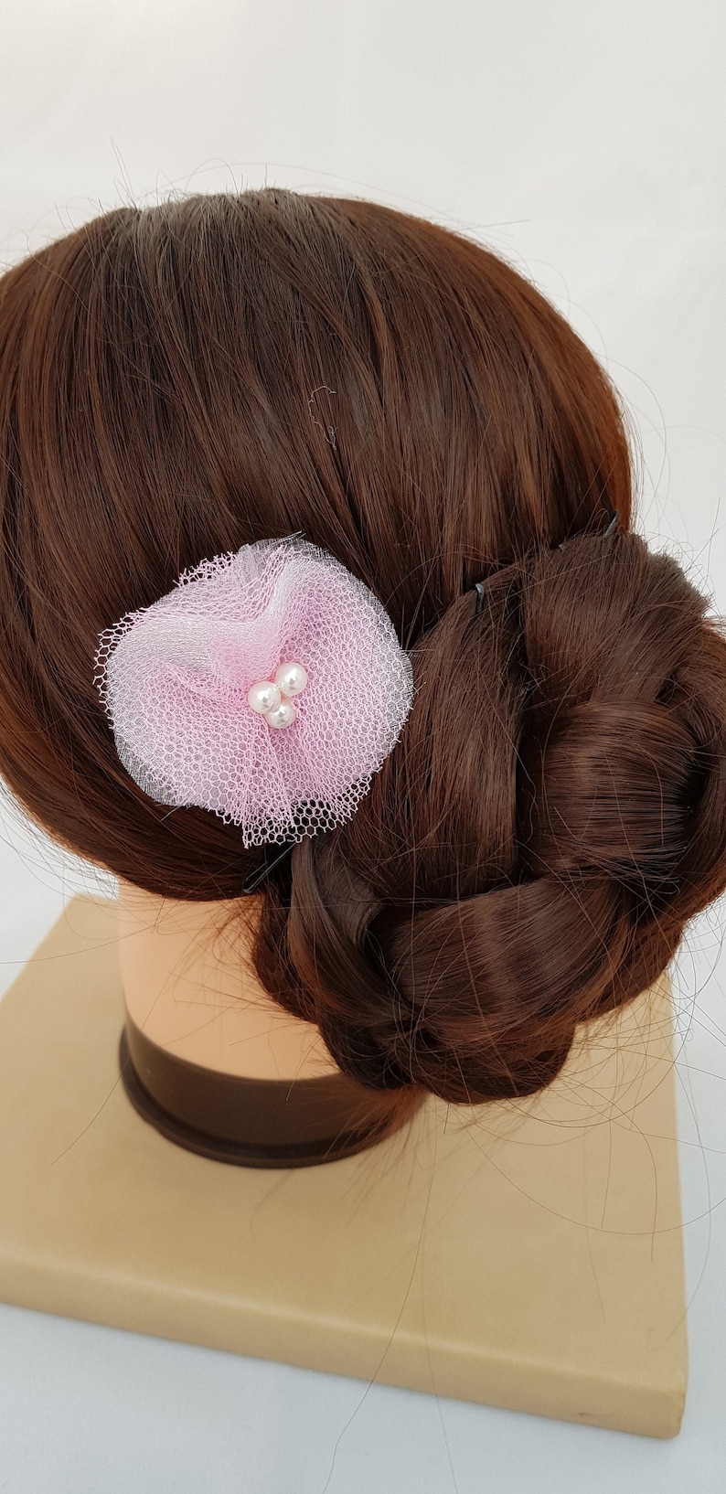 Pink net voile faux pearl wedding bridal prom flower silver comb
