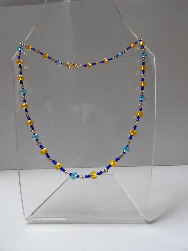 Handmade blue and yellow beaded necklace