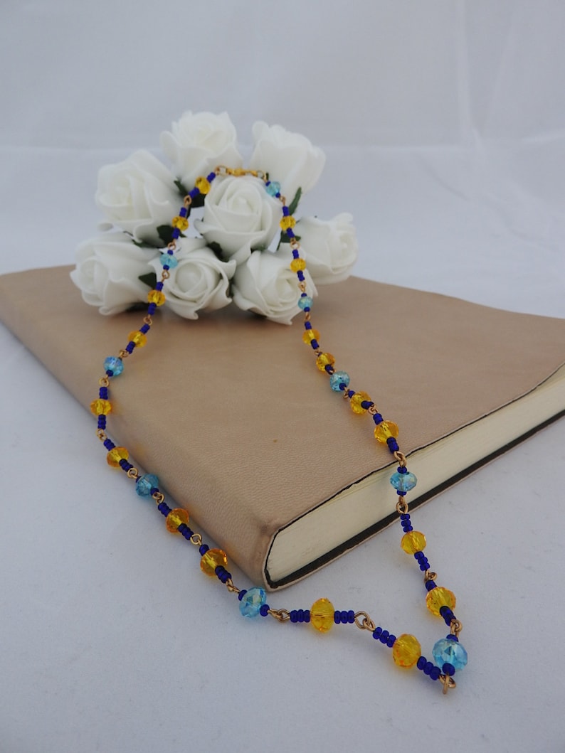 Handmade blue and yellow beaded necklace