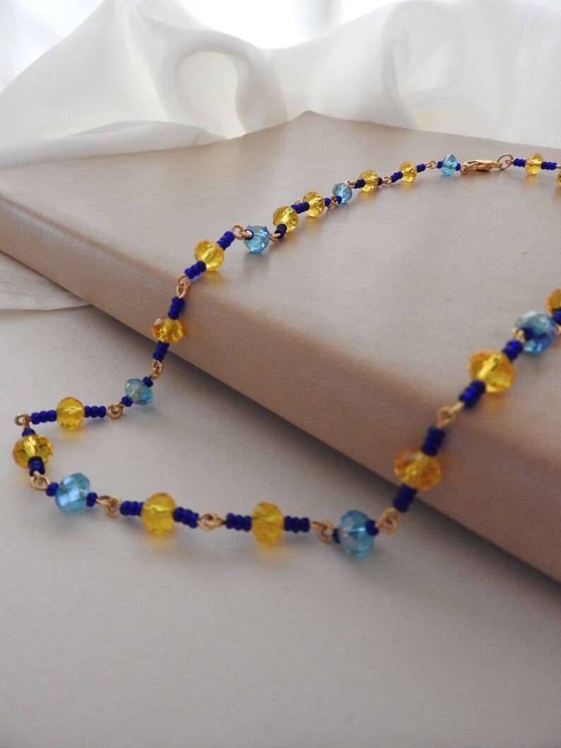 Handmade blue and yellow beaded necklace