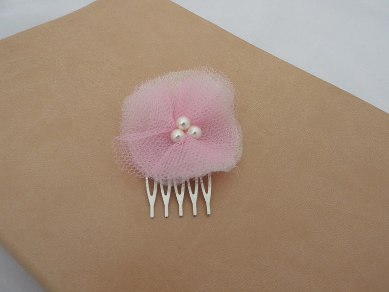 Pink net voile faux pearl wedding bridal prom flower silver comb