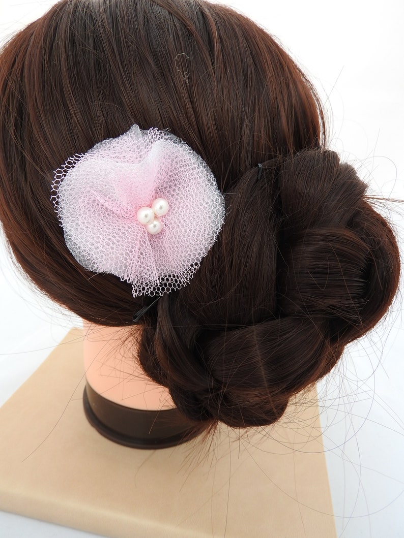 Pink net voile faux pearl wedding bridal prom flower silver comb