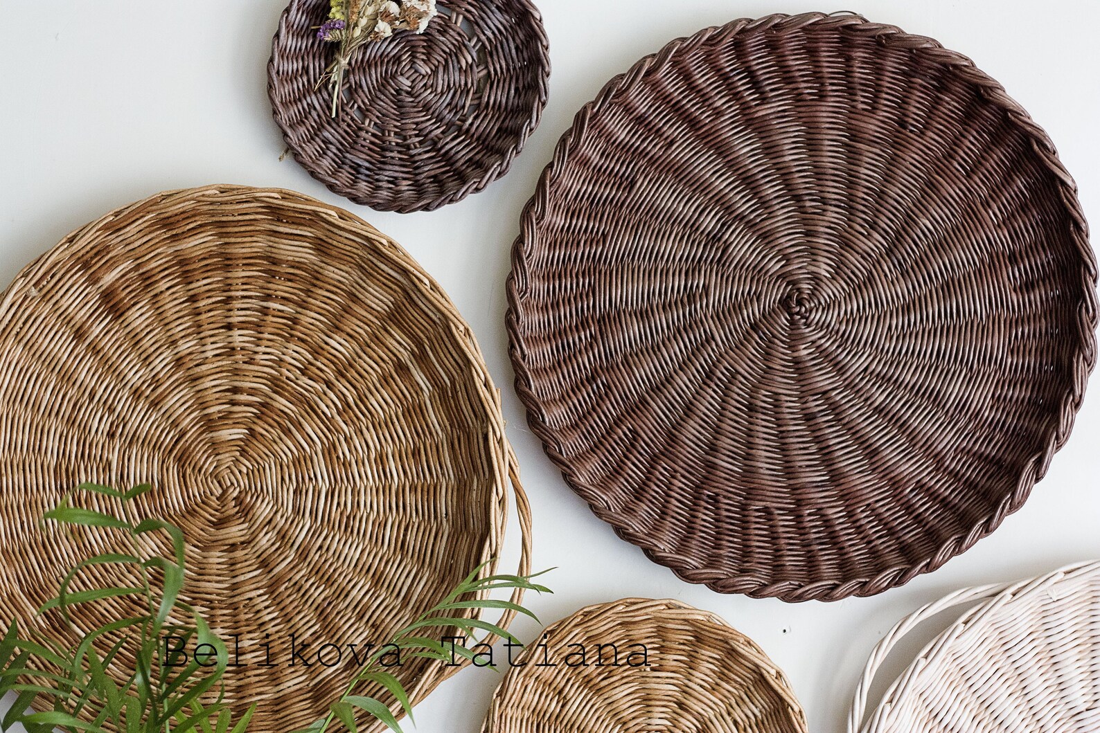 Set of 5 Wall Basket Tray Round Basket Tray Natural Rustic Etsy