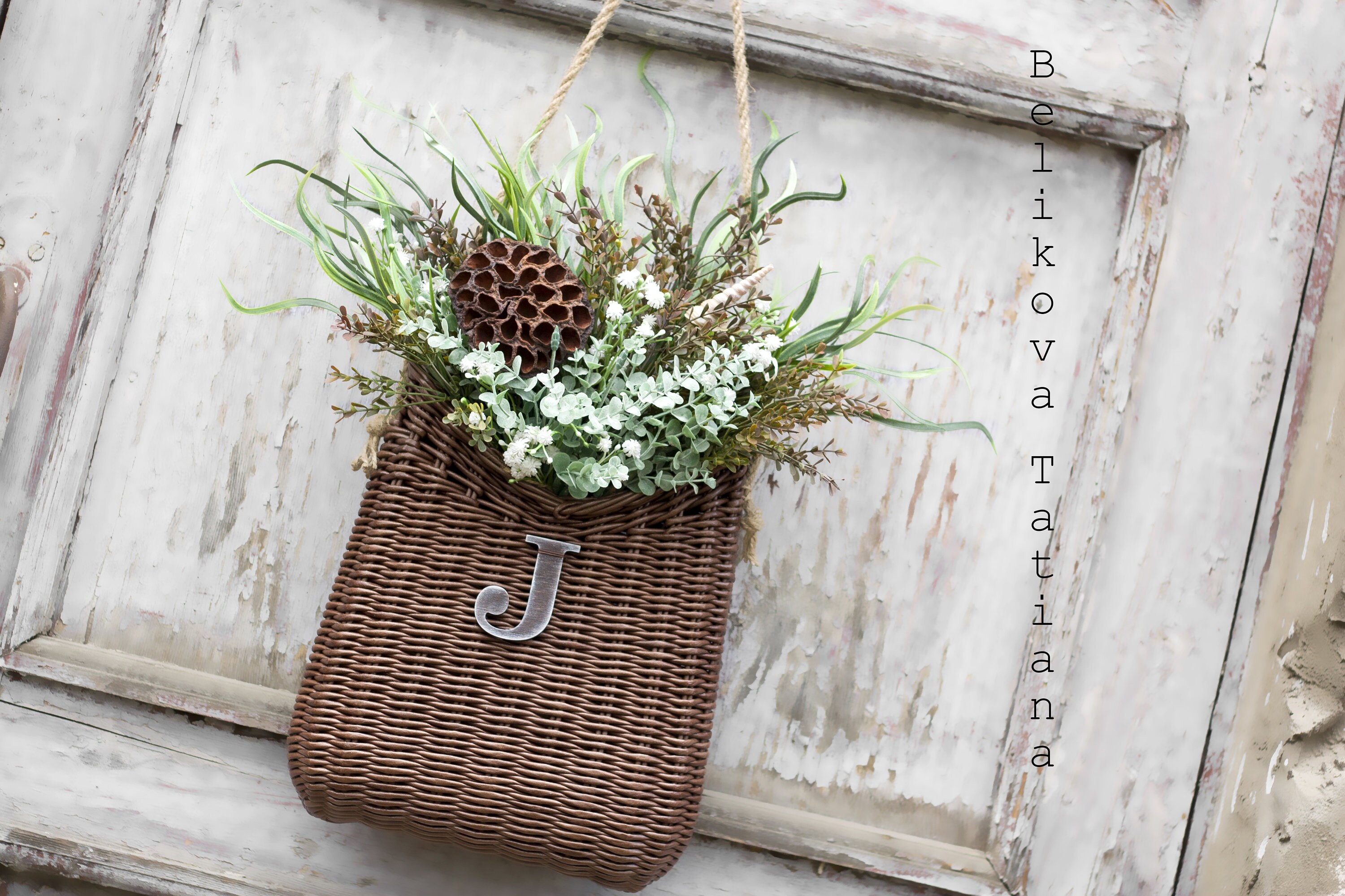 Door basket with flowers Wall basket Artificial flowers Basket Etsy