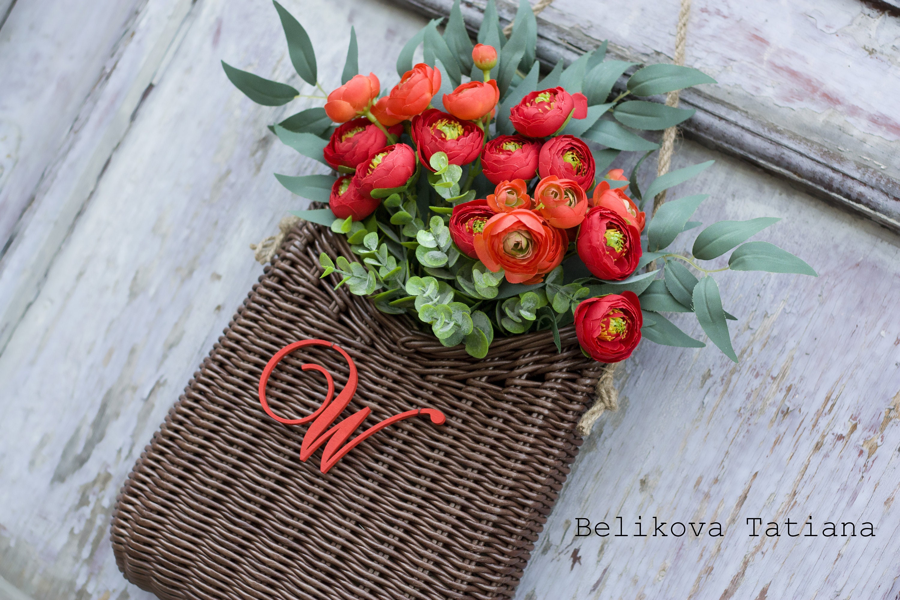 Door Basket With RED Flowers Wall Basket Artificial Flowers Etsy