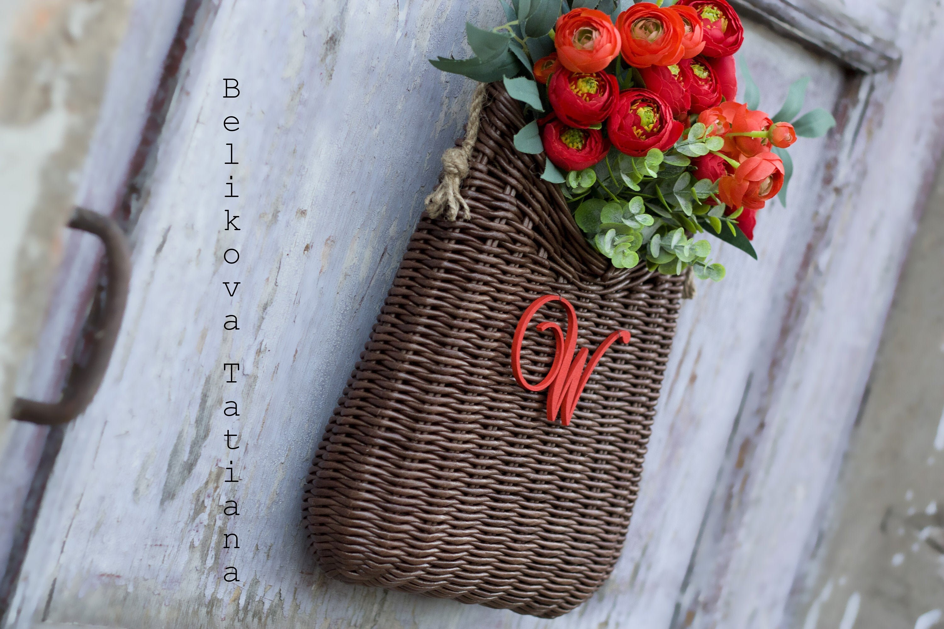 Door Basket With RED Flowers Wall Basket Artificial Flowers Etsy