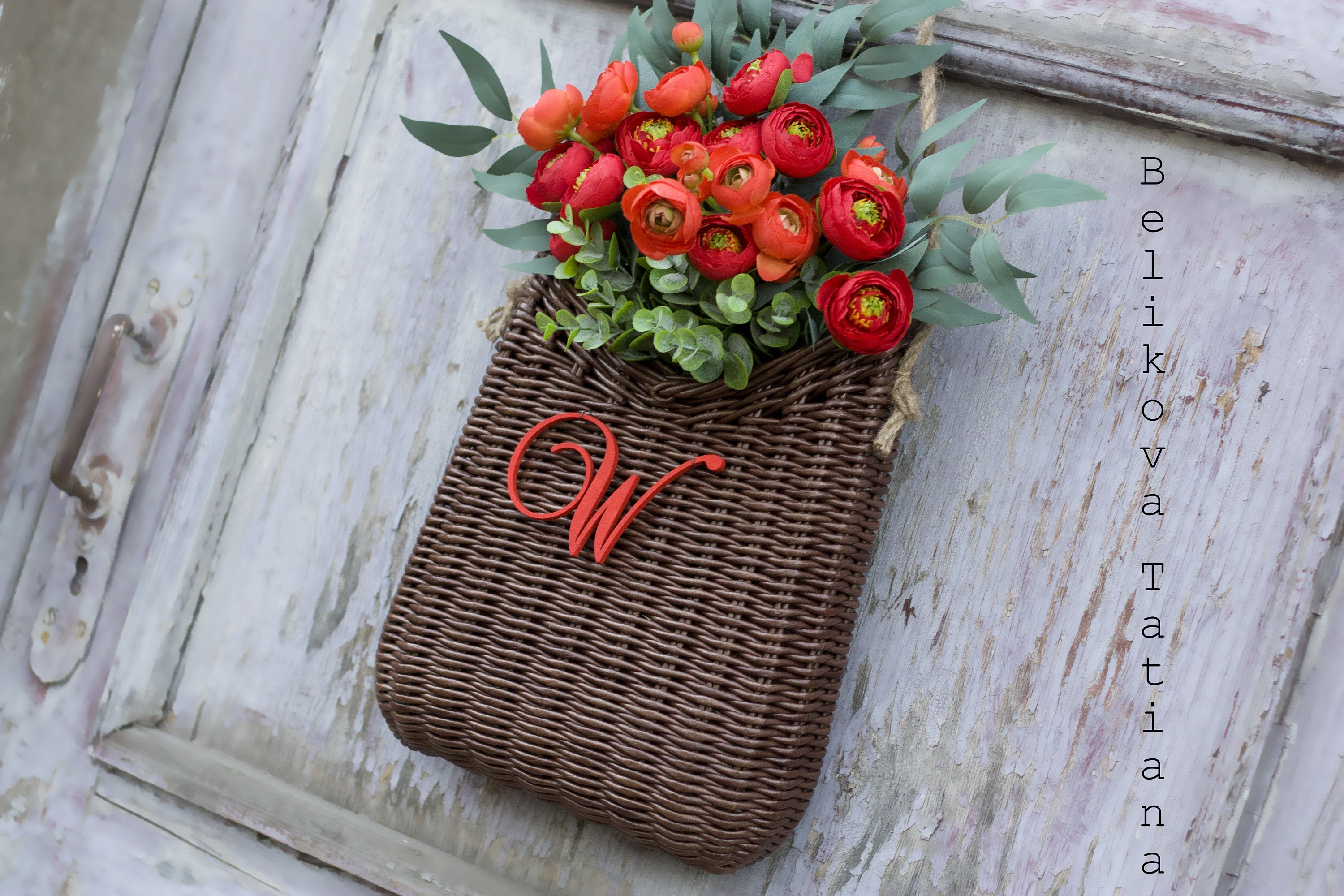 Door Basket With RED Flowers Wall Basket Artificial Flowers Etsy