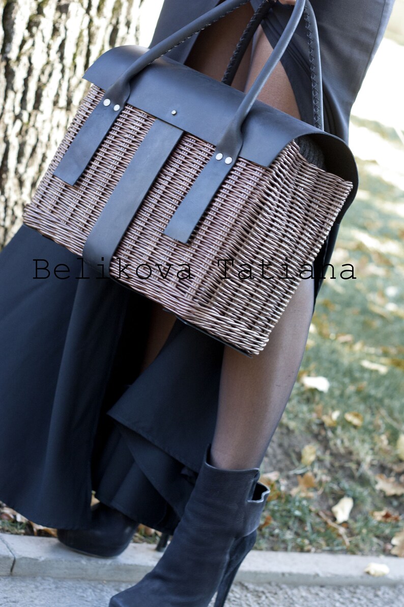 Woven bag with leather handles Handle leather Woven bag Woven Etsy