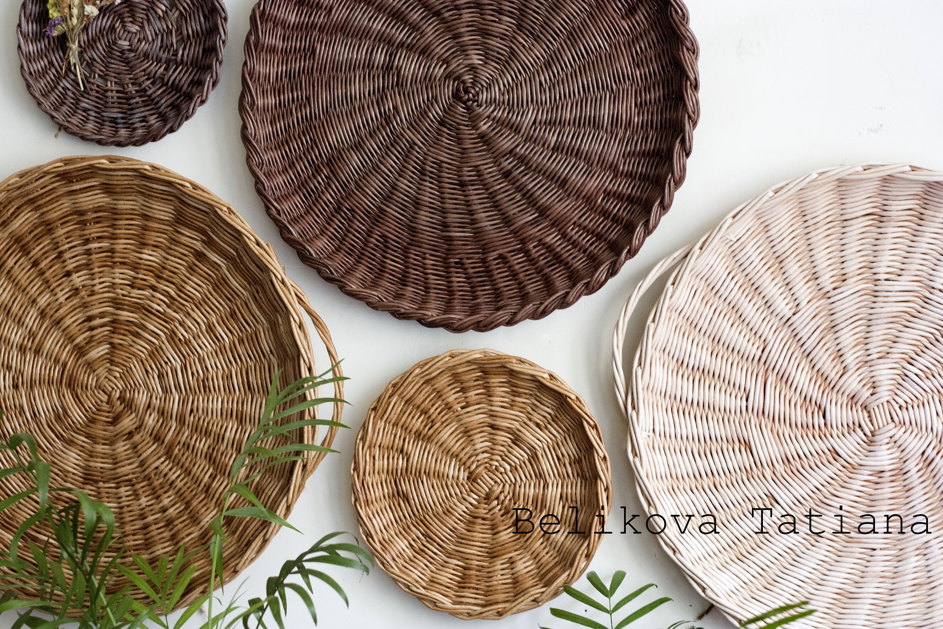 Set of 5 Wall Basket Tray Round Basket Tray Natural Rustic Etsy