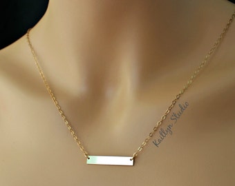 Horizontal Bar Necklace, 14K Gold Filled, Minimal Bar Necklace, Layering Necklace, Blank Bar, Rectangle Initial Pendant Personalise Monogram