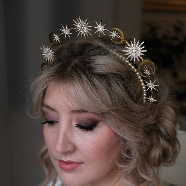 Gold pearl halo, celestial halo, gold Galaxy halo, bridal accessories, celestial accessories, star headband, celestial crown,