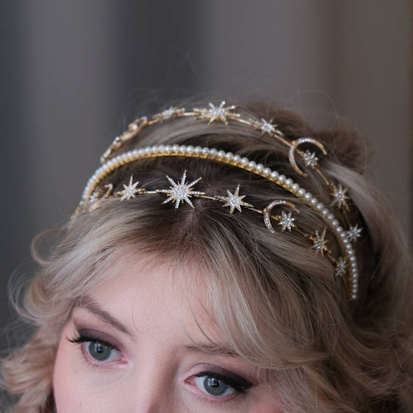 Diadema de estrella celestial, diadema de oro perla, diadema de novia, accesorios nupciales, tocado de boda, tiara de oro, tocado celestial,