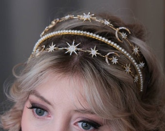 Celestial star headband, Pearl gold Headband, bridal headband, bridal accessories, wedding headpiece, gold tiara, celestial headpiece,