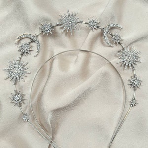 Silver Bridal Galaxy Halo Tiara, Celestial Crown, Wedding Headband, Stars and Moon Headpiece, Hand Made In the uk image 6