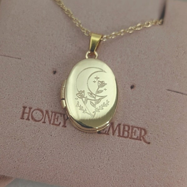 Goudgegraveerde medaillonketting, cadeau voor haar, ketting met laagjes, ketting met maansikkel