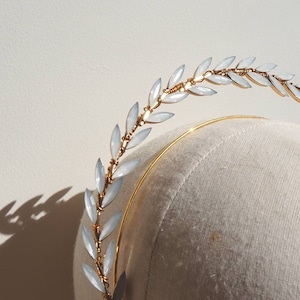 White Opal Crystal Bridal Headband: Gold Laurel Leaf Halo