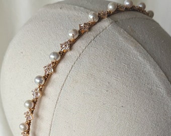 Gold Pearl and Crystal Bridal Headband, Freshwater pearl Headpiece, Simple Bridal Headband, Layering Headband, Christmas Gift,