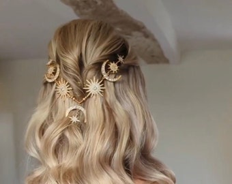 Gold and crystal hairpiece, celestial tiara, celestial back piece, boho hair accessorie, gold tiara, crystal crown, star crown, galaxy tiara